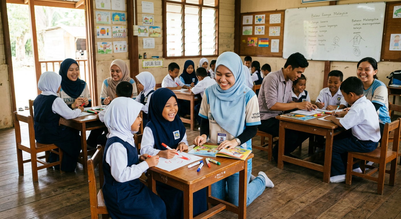University volunteers teaching schoolchildren in a community hall
