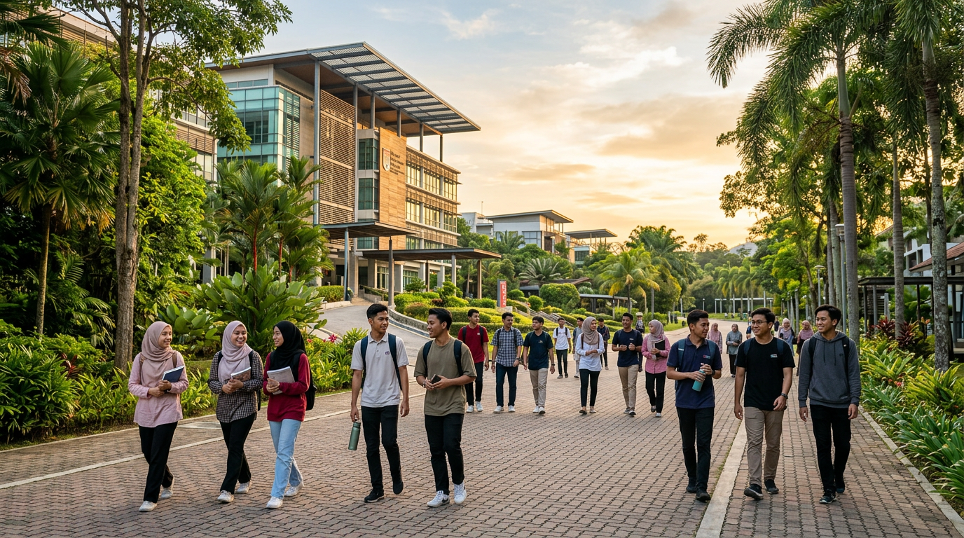 Students walking through a tree-lined university campus at golden hour