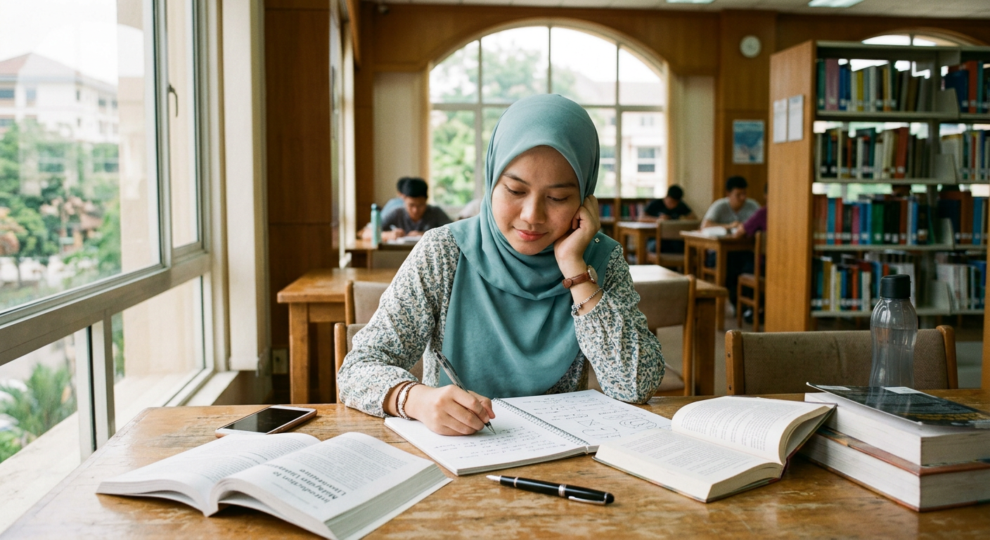 A university student studying in a bright library
